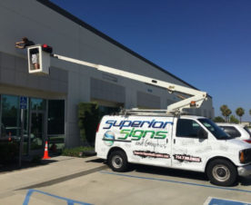 Exterior Sign Installation with Aerial Bucket Van in Buena Park CA