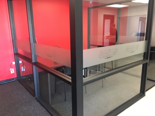 Frosted and etched vinyl window graphics for auto dealerships in Orange County CA