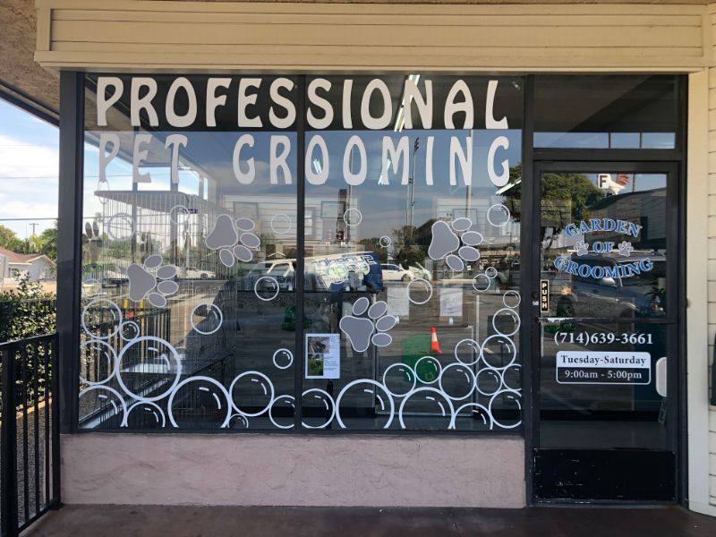 Pet grooming storefront window graphics in orange county, ca