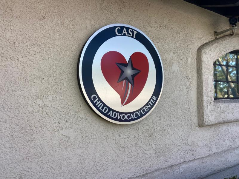 foam logo sign with brushed metal face in orange, ca