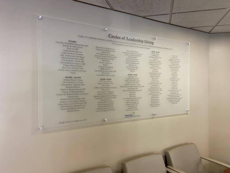 frosted acrylic panel wall signs for donor walls in Orange County, CA