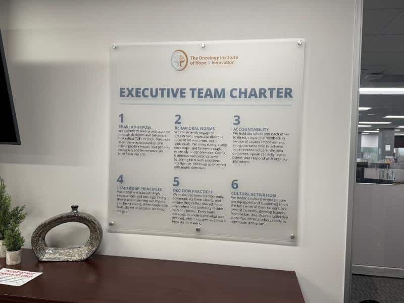 company vision and values printed on frosted acrylic panels in cerritos, ca