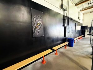 Acrylic graphic panels mounted with brushed aluminum wall standoffs in orange, ca